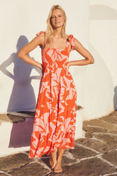 Elegant Printed Sleeveless Backless Lace up Dress for
